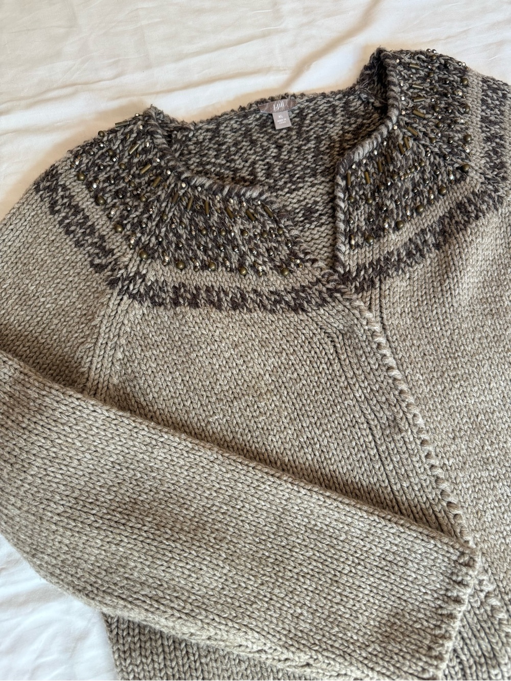 J. Jill Embellished Neckline Cardigan Sweater, Wool blend, Brown Tan, Woman XL